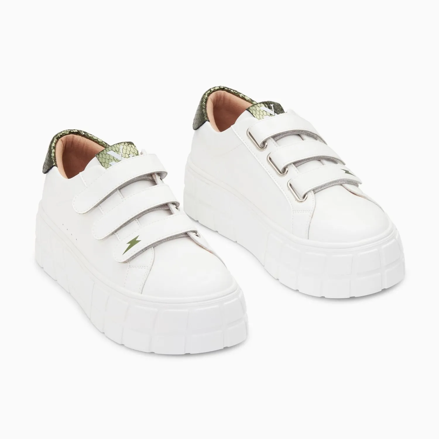 Vanessa Wu Sneakers>Baskets Angela Blanc Et Kaki Serpent A Plateforme