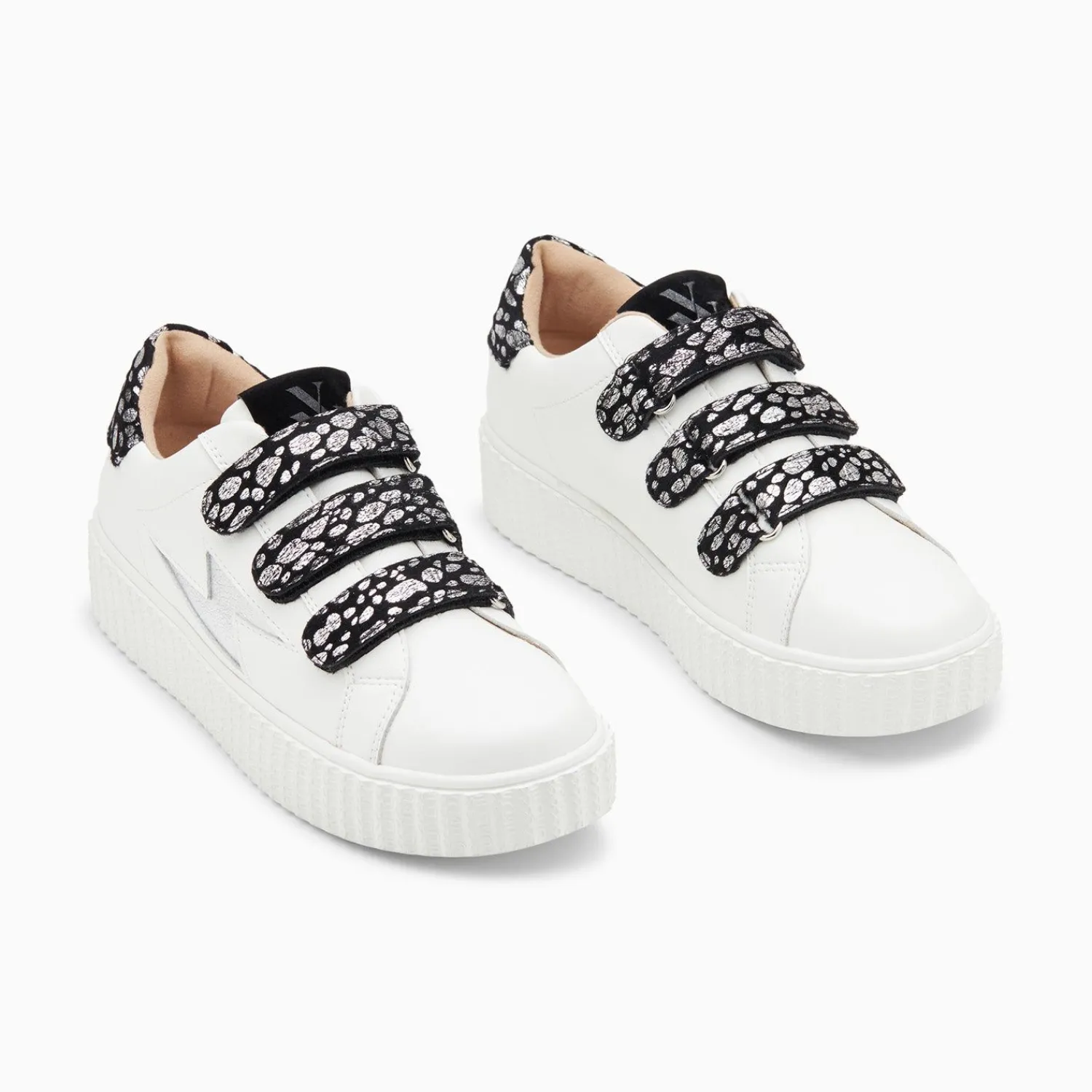 Vanessa Wu Sneakers>Baskets Eclair Daisy Blanc Et Argent A Scratchs Leopard