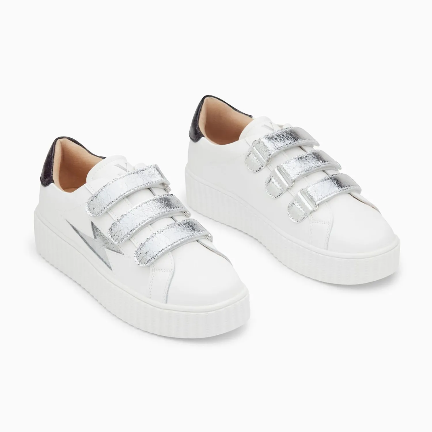 Vanessa Wu Sneakers>Baskets Eclair Jane Blanches En Cuir A Scratchs Argent