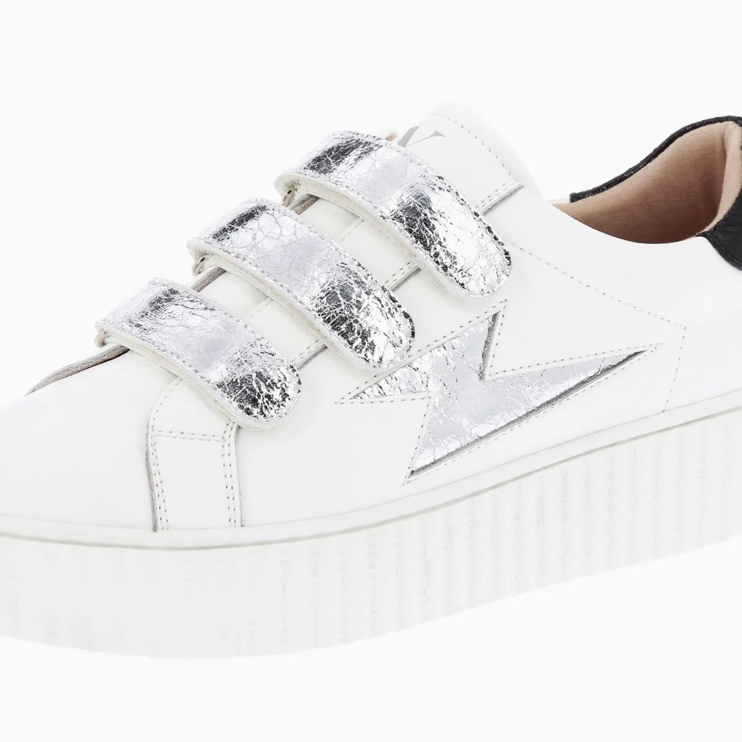 Vanessa Wu Sneakers>Baskets Eclair Jane Blanches En Cuir A Scratchs Argent