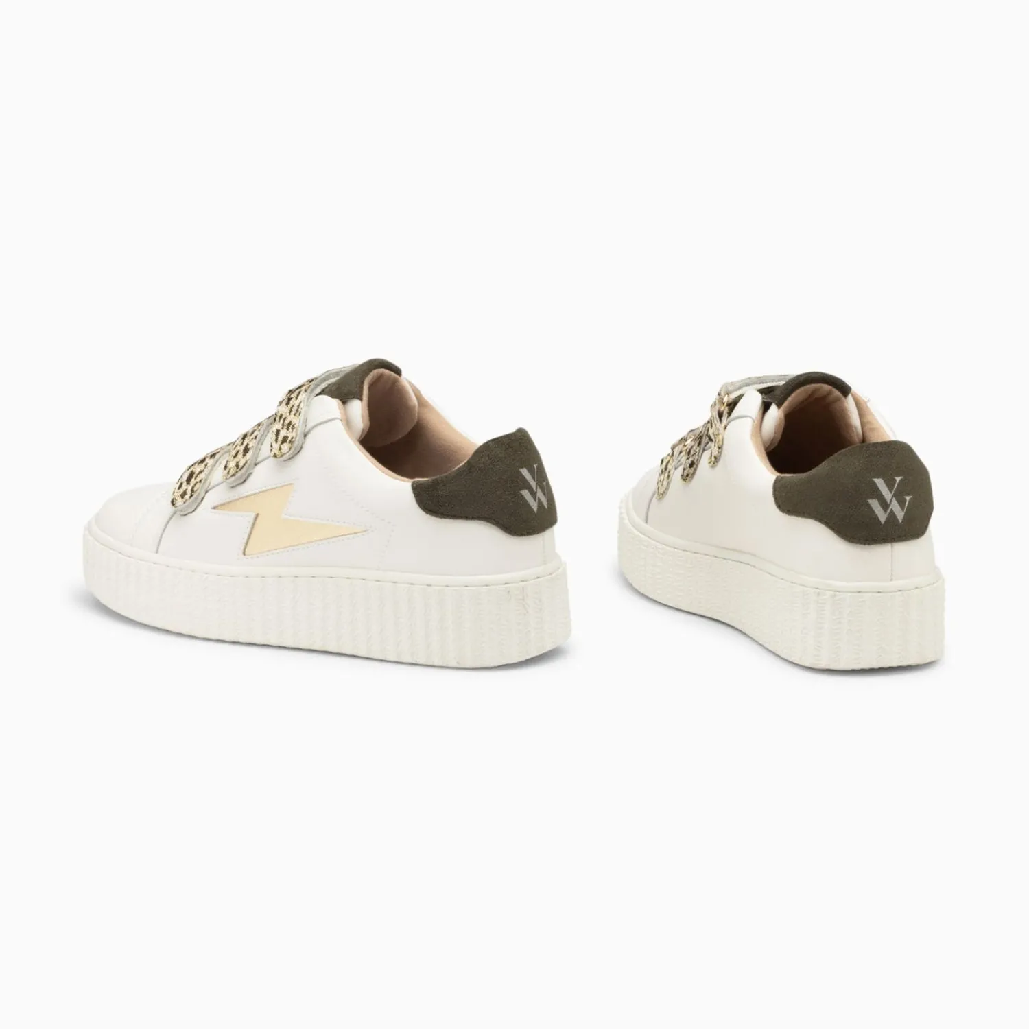Vanessa Wu Sneakers>Baskets Eclair Lyanna Blanc Et Or A Scratchs Leopard Kaki