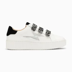 Vanessa Wu Sneakers>Baskets Eclair Lyanna Blanc Et Argent A Scratchs Leopard Noirs