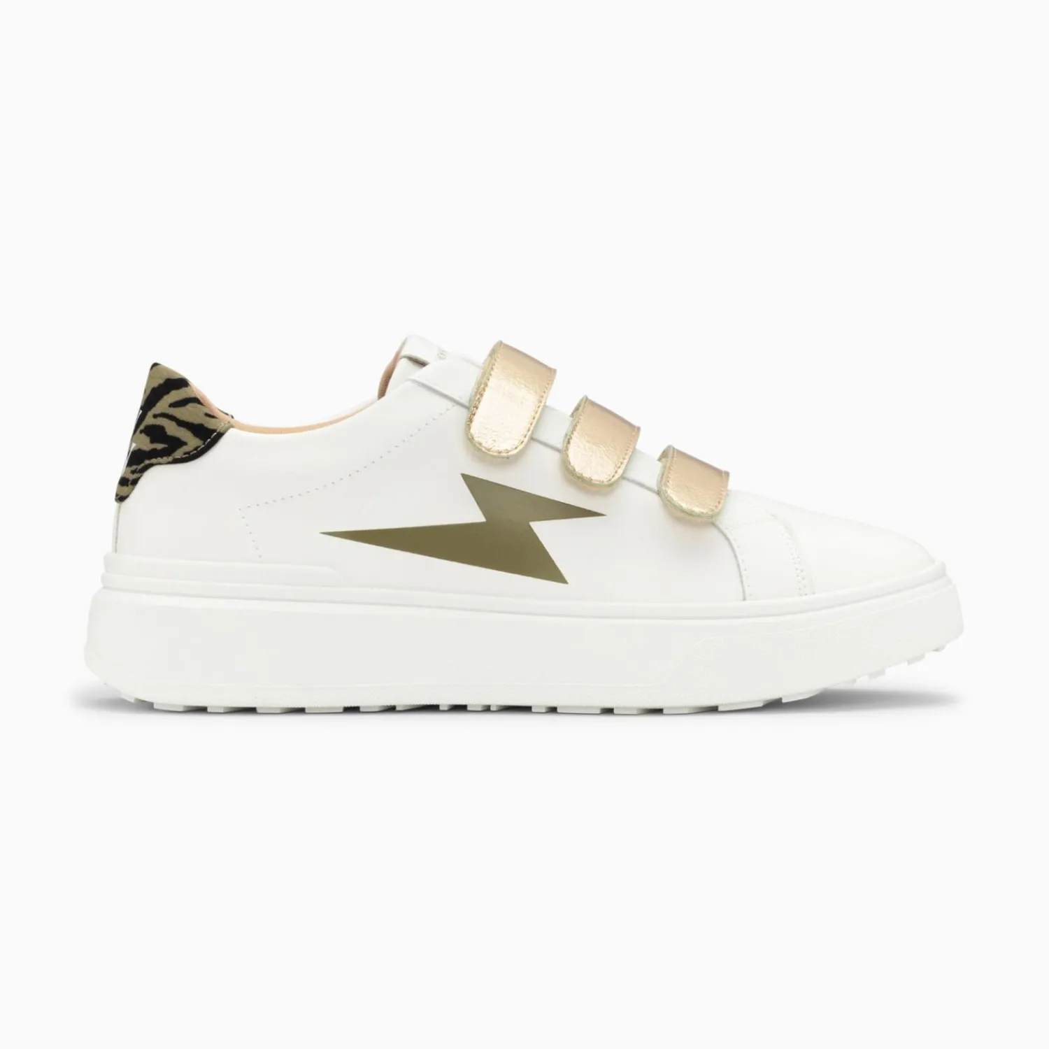 Vanessa Wu Sneakers>Baskets Eclair Salome Blanc Et Kaki A Scratchs Or