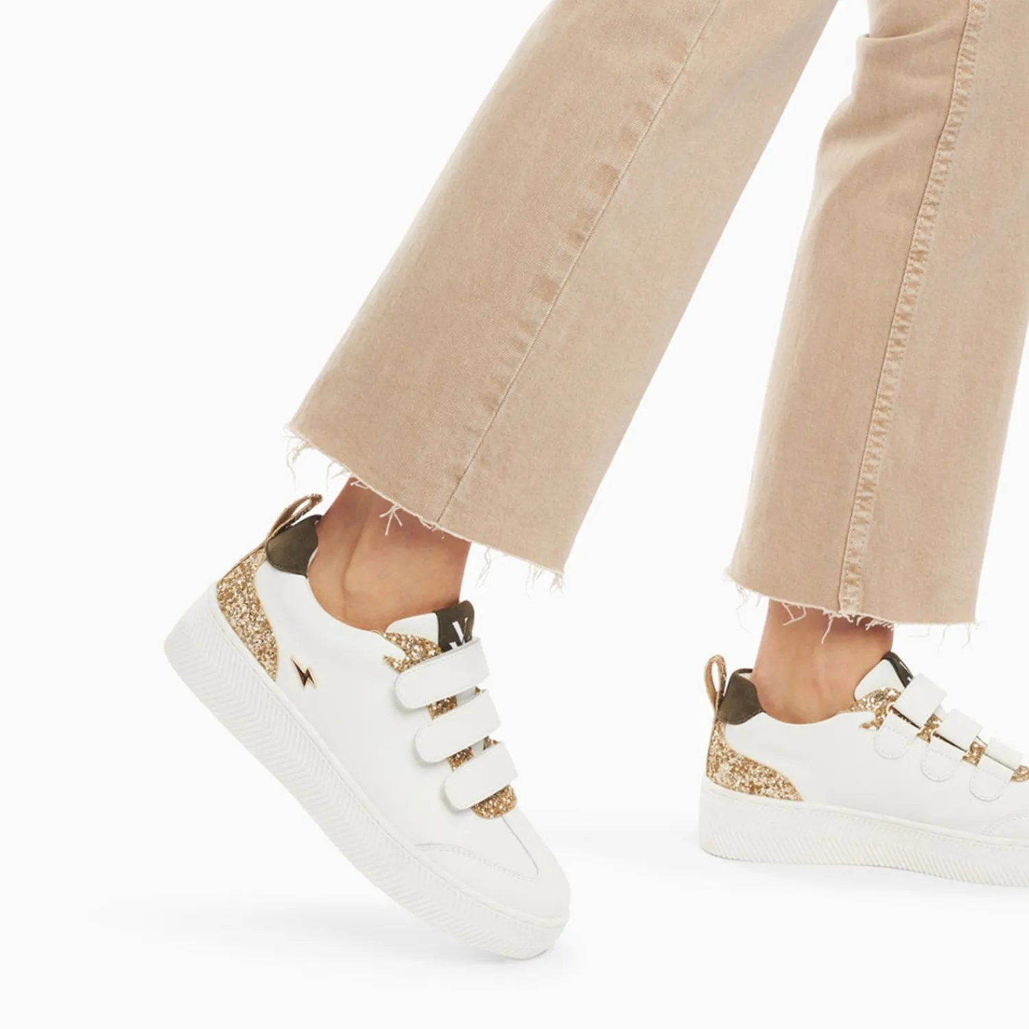 Vanessa Wu Sneakers>Baskets Eline Blanc Et Or Paillete A Scratchs
