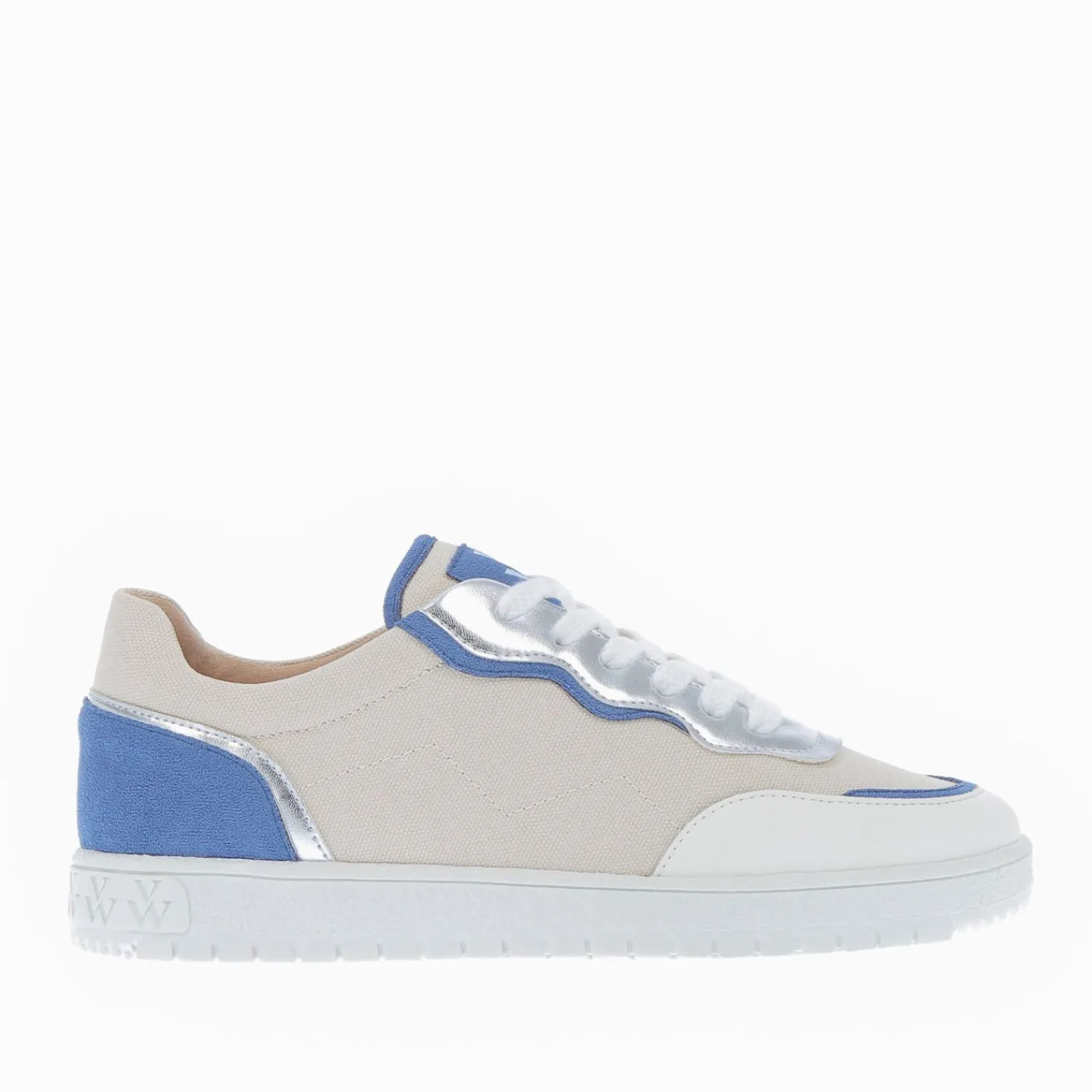 Vanessa Wu Sneakers>Baskets Enora En Toile Beige A Details Bleu Et Argent
