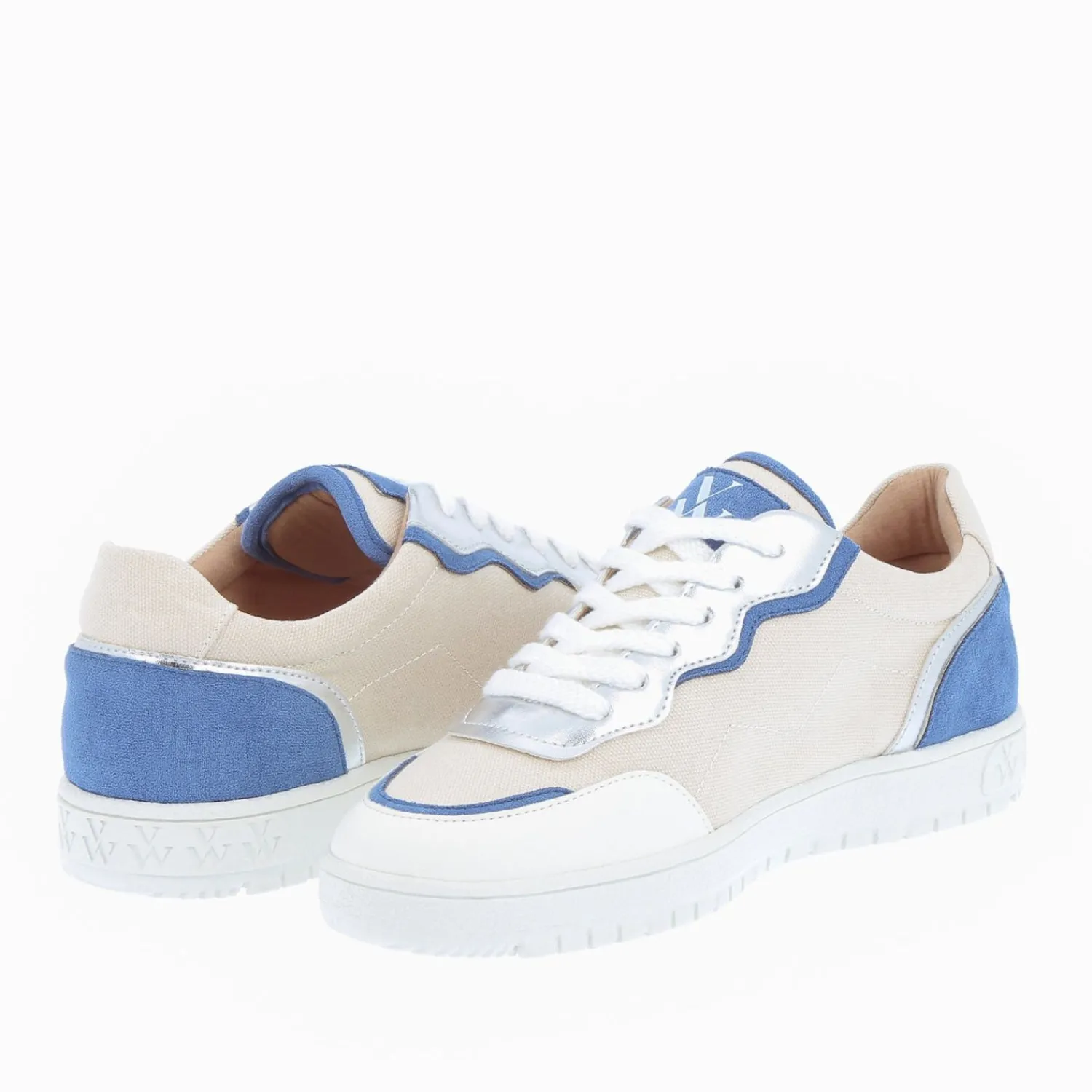 Vanessa Wu Sneakers>Baskets Enora En Toile Beige A Details Bleu Et Argent
