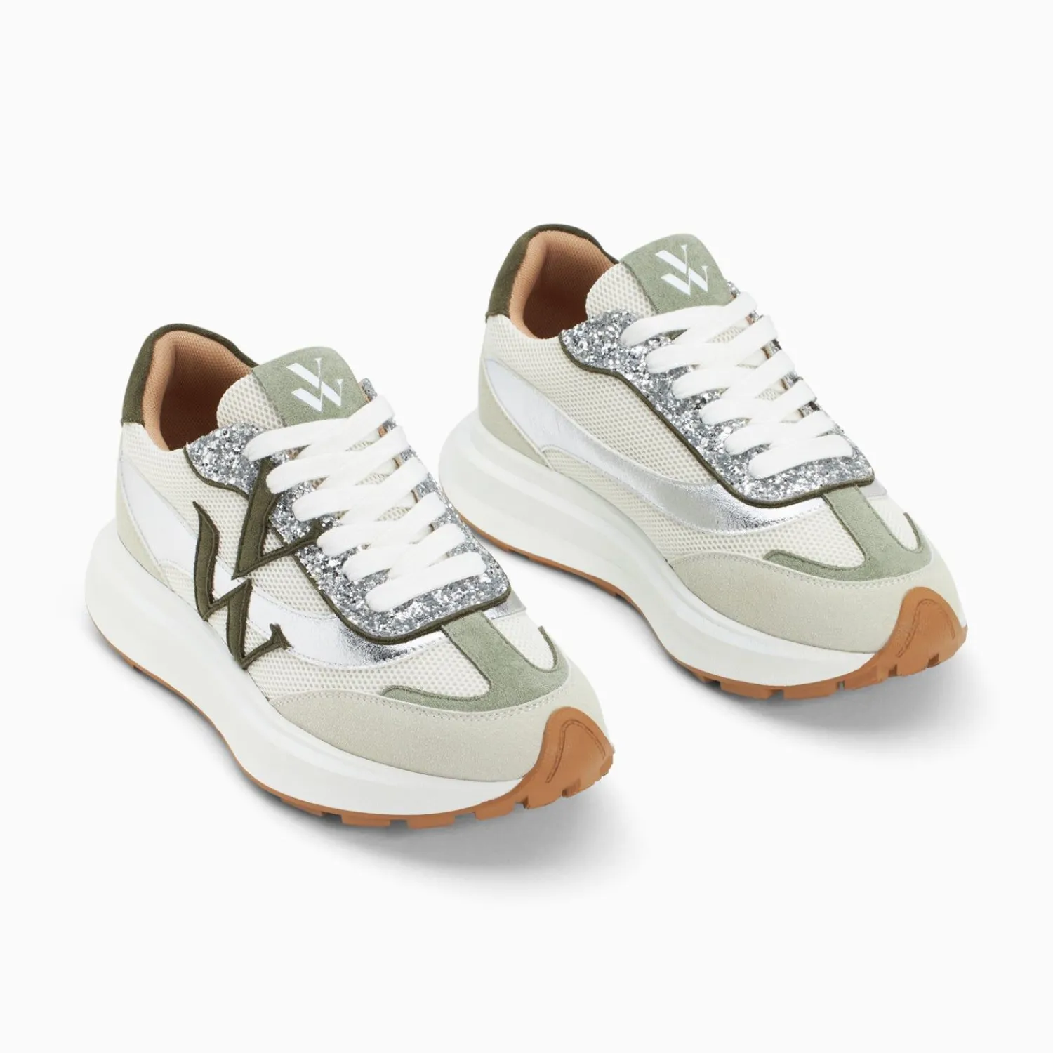 Vanessa Wu Sneakers>Baskets Monogramme Ines Kaki Et Argent A Semelle Oversize