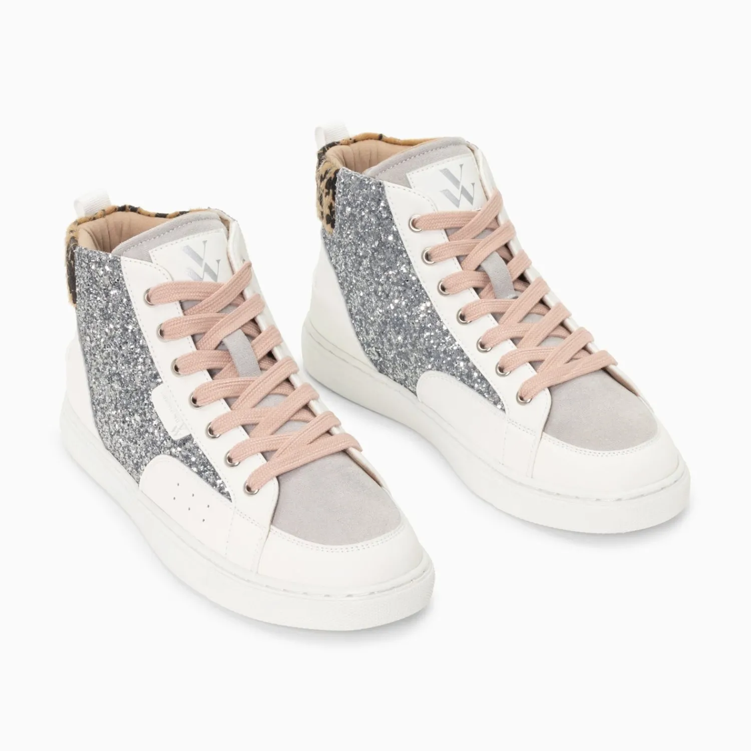 Vanessa Wu Sneakers>Baskets Montantes Gwen A Paillettes Argent Et Lacets Vieux Rose