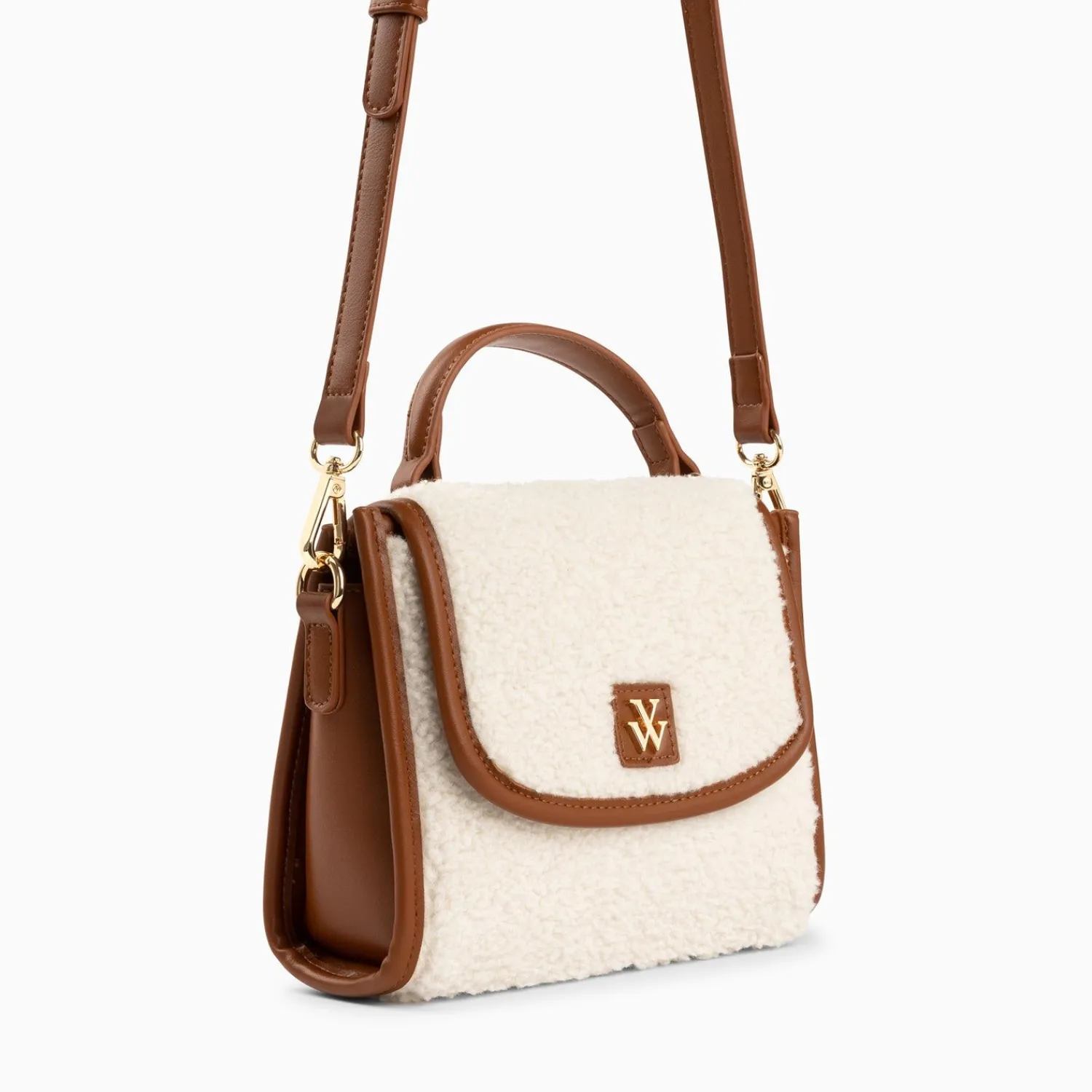 Vanessa Wu Sacs>Mini Sac A Main Victoria Ivoire Et Camel En Faux Shearling