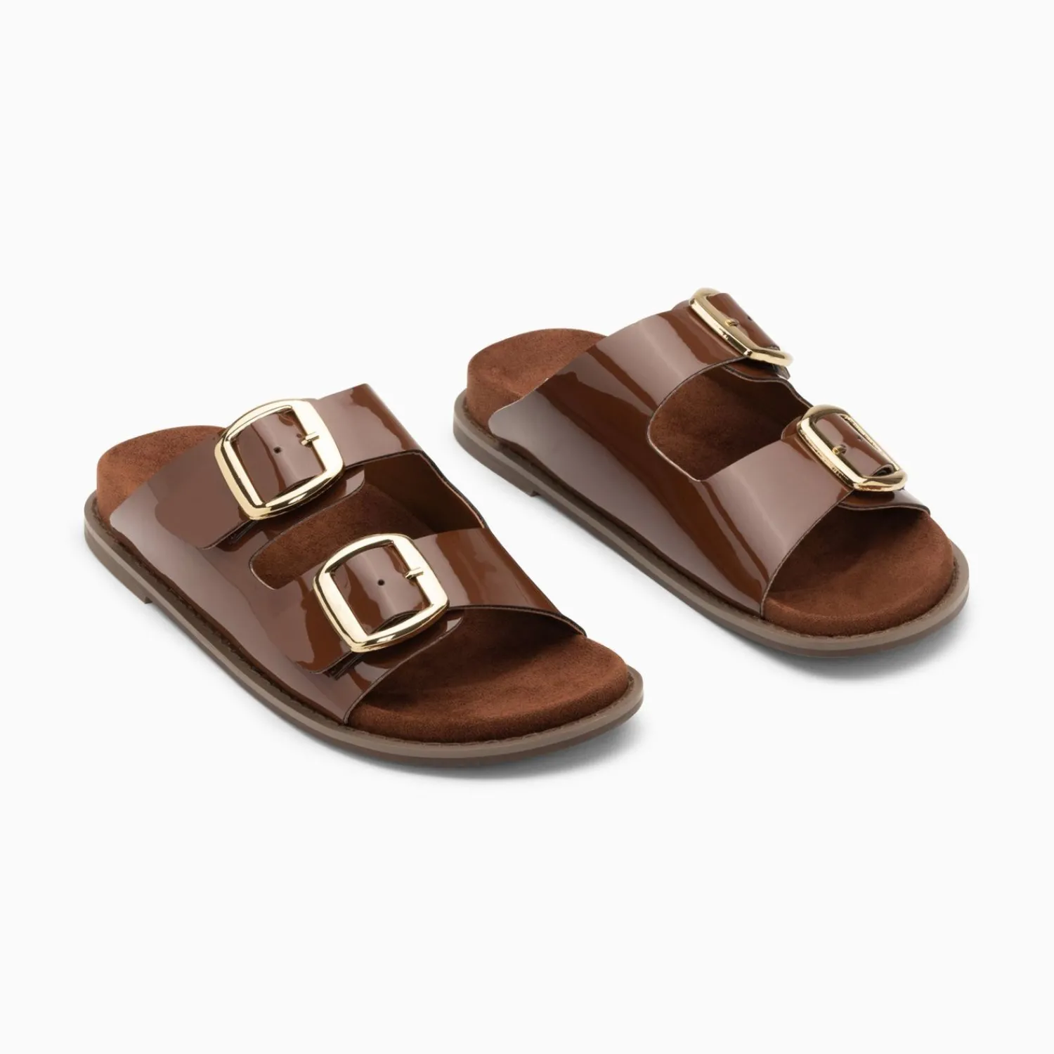 Vanessa Wu Sandales Plates>Mules Plates Celia Marron Verni A Boucles Oversize