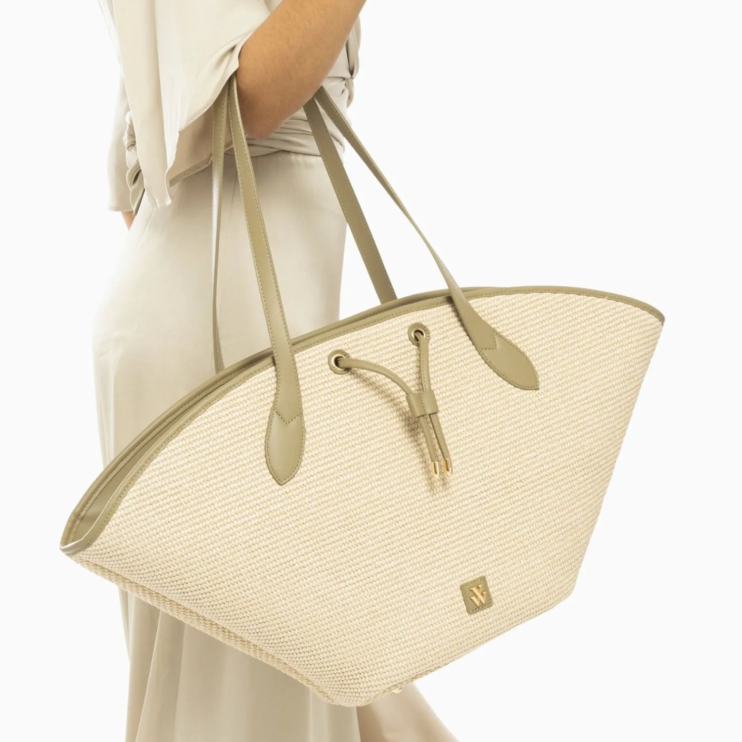Vanessa Wu Sacs>Panier Oversize Vivienne En Raphia Beige A Details Kaki