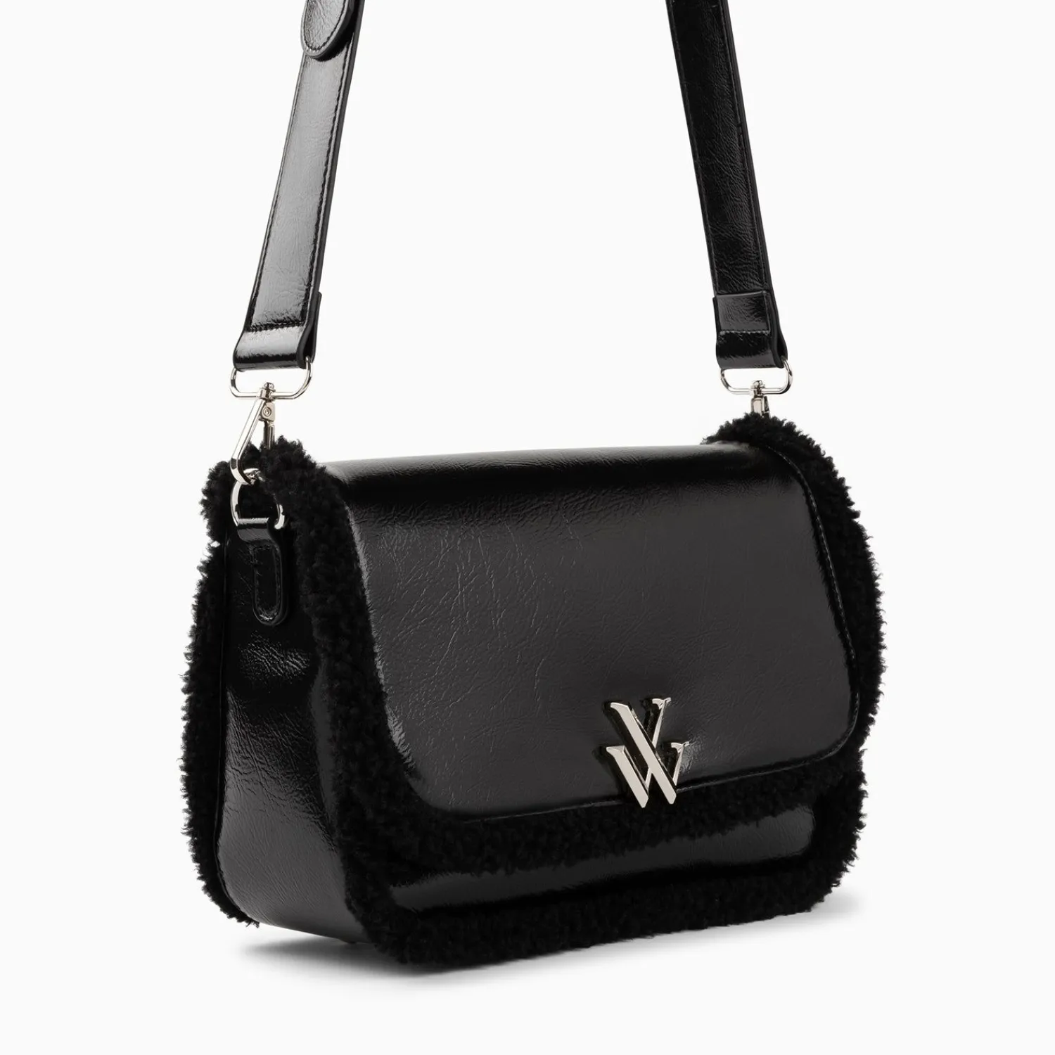 Vanessa Wu Sacs>Sac Bandouliere Bertina Noir A Rabat Et Faux Shearling