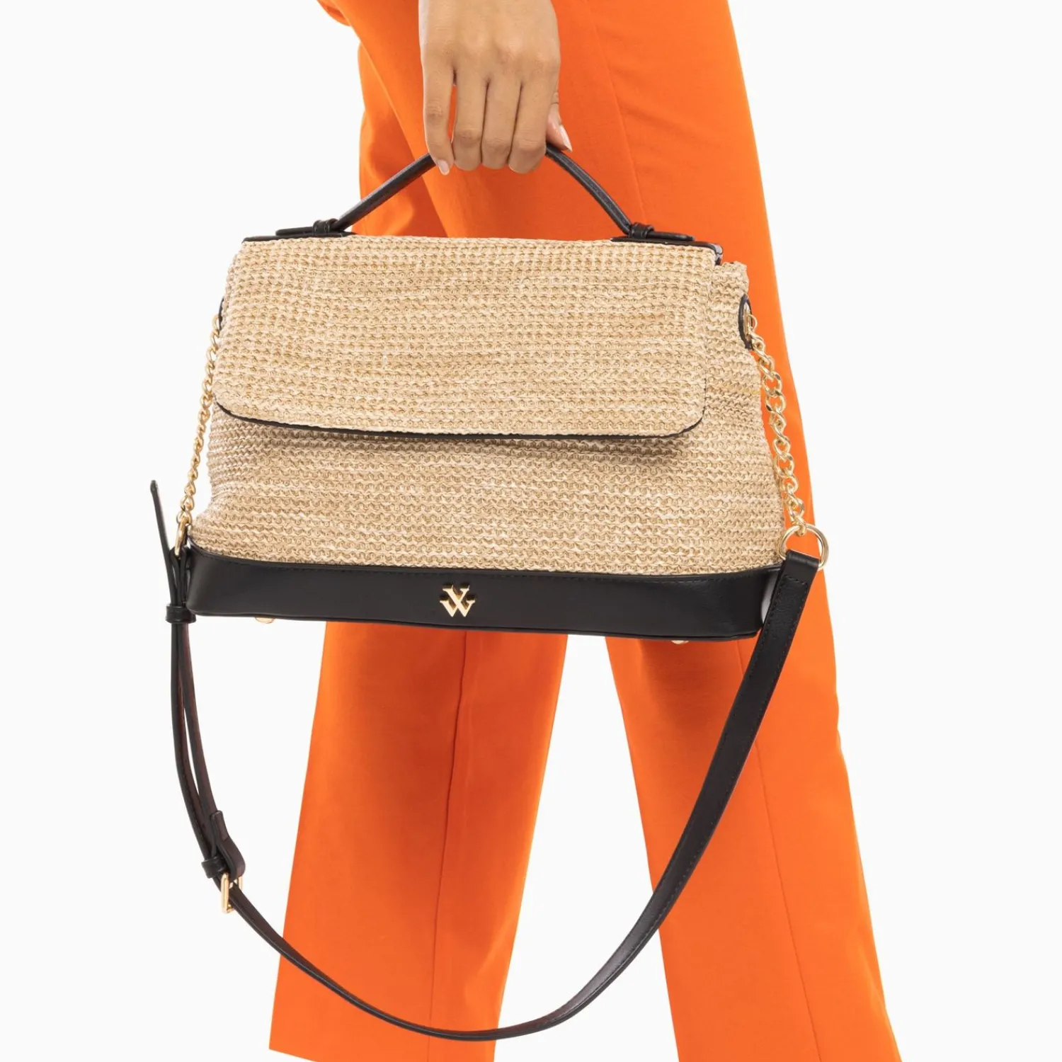 Vanessa Wu Sacs>Sac Cartable Katie En Raphia Beige A Details Noirs